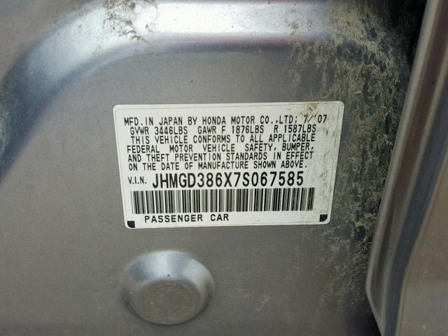 JHMGD386X7S067585 - 2007 HONDA FIT S 银色 照片 10