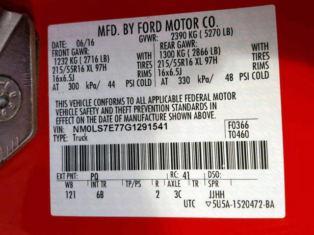 NM0LS7E77G1291541 - 2016 FORD TRANSIT CO RED photo 10