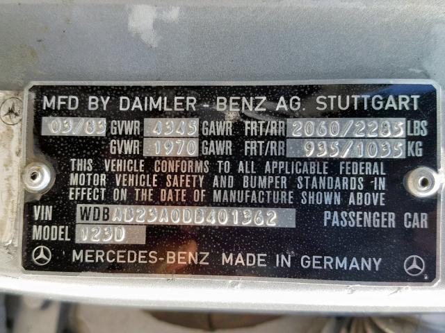 WDBAB23A0DB401362 - 1983 MERCEDES-BENZ 240 D SILVER photo 10