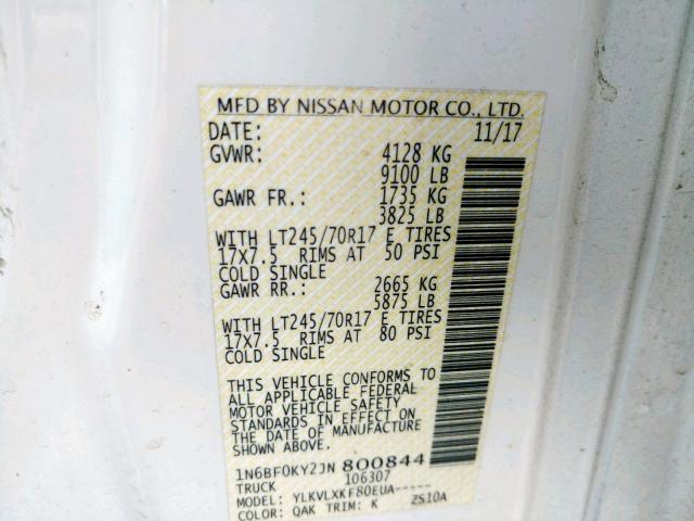 1N6BF0KY2JN800844 - 2018 NISSAN NV 1500 S WHITE photo 10