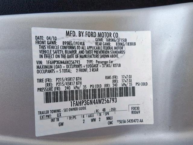 1FAHP3GN4AW256793 - 2010 FORD FOCUS SES SILVER photo 10