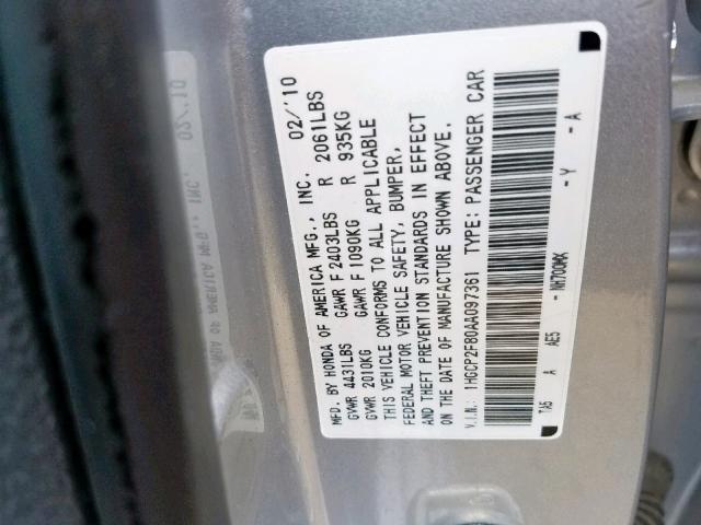 1HGCP2F80AA097361 - 2010 HONDA ACCORD EXL SILVER photo 10