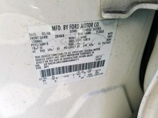 2FMDK38C98BA86071 - 2008 FORD EDGE SEL WHITE photo 10