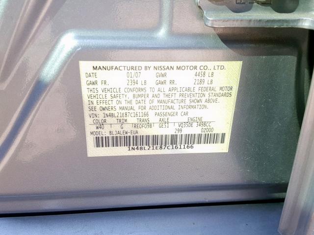 1N4BL21E87C161166 - 2007 NISSAN ALTIMA 3.5 GRAY photo 10