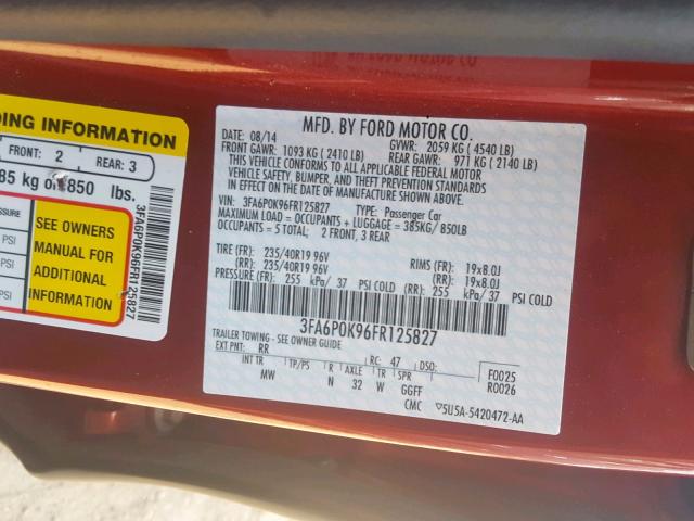 3FA6P0K96FR125827 - 2015 FORD FUSION TIT RED photo 10