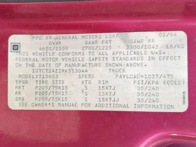 1GTCT14Z2RK513044 - 1994 GMC SONOMA PINK photo 10