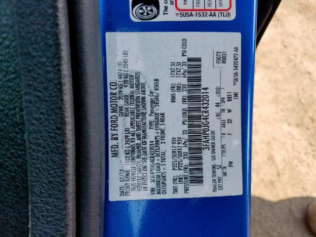 3FAHP0JG4CR432014 - 2012 FORD FUSION SEL BLUE photo 10