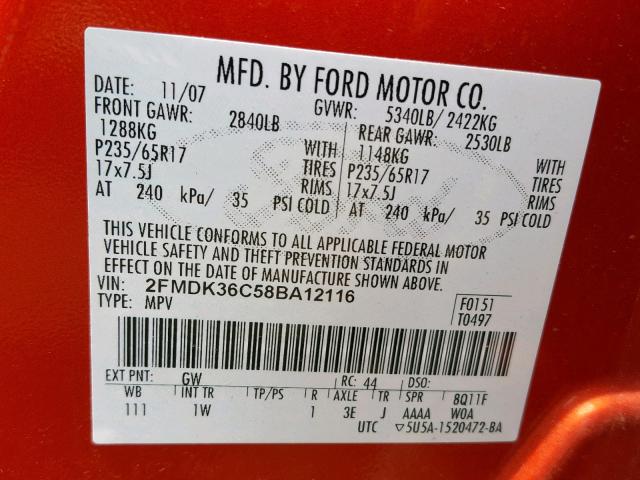 2FMDK36C58BA12116 - 2008 FORD EDGE SE ORANGE photo 10