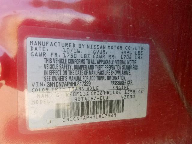 3N1CN7AP4HL817329 - 2017 NISSAN VERSA S RED photo 10