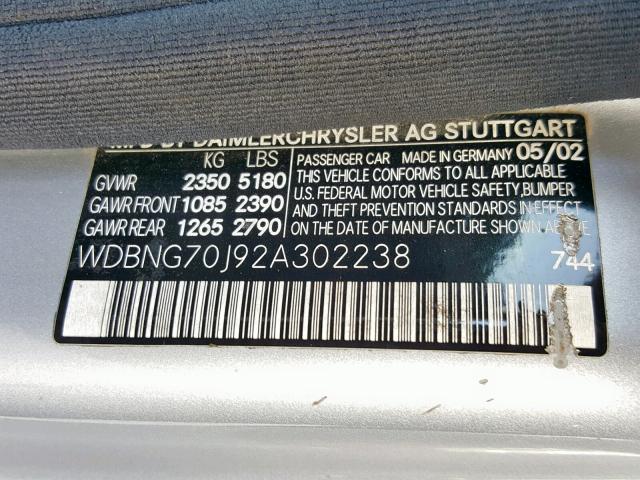 WDBNG70J92A302238 - 2002 MERCEDES-BENZ S 430 SILVER photo 10