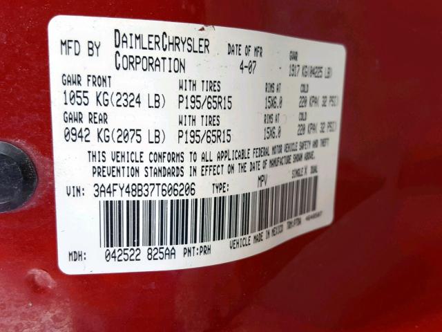 3A4FY48B37T606206 - 2007 CHRYSLER PT CRUISER RED photo 10