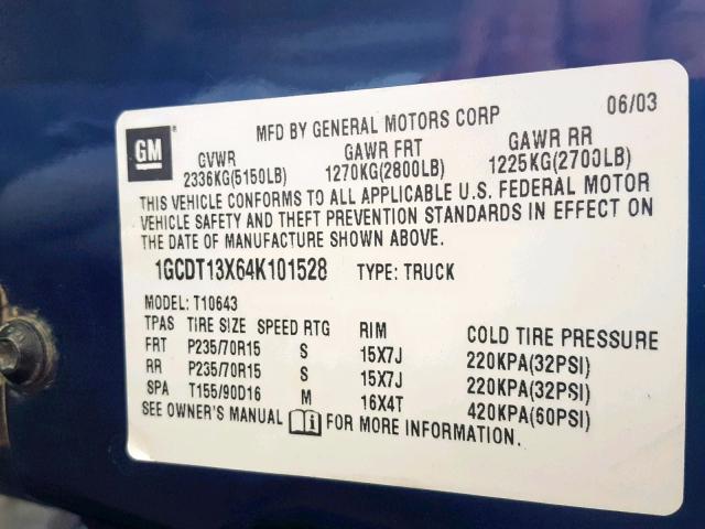 1GCDT13X64K101528 - 2004 CHEVROLET S TRUCK S1 BLUE photo 10