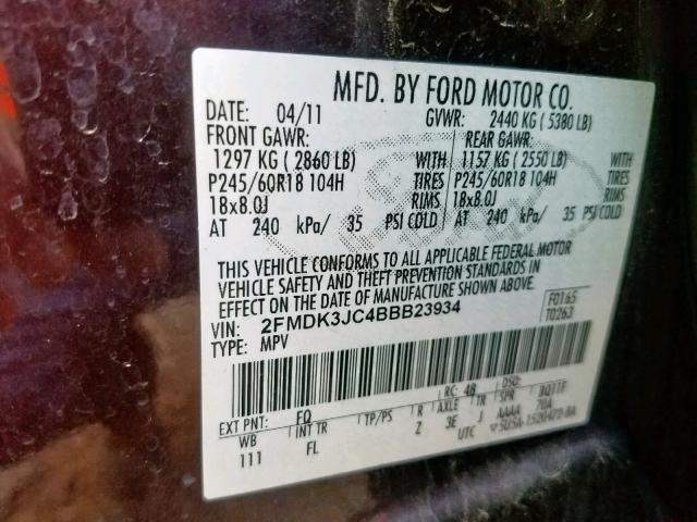 2FMDK3JC4BBB23934 - 2011 FORD EDGE SEL BURGUNDY photo 10