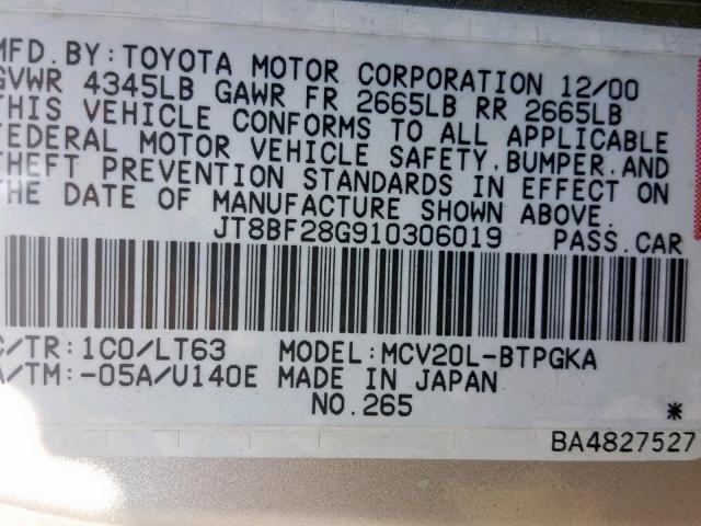 JT8BF28G910306019 - 2001 LEXUS ES 300 SILVER photo 10