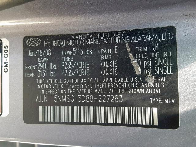 5NMSG13D88H227263 - 2008 HYUNDAI SANTA FE G GRAY photo 10