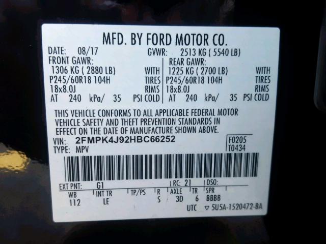 2FMPK4J92HBC66252 - 2017 FORD EDGE SEL BLACK photo 10