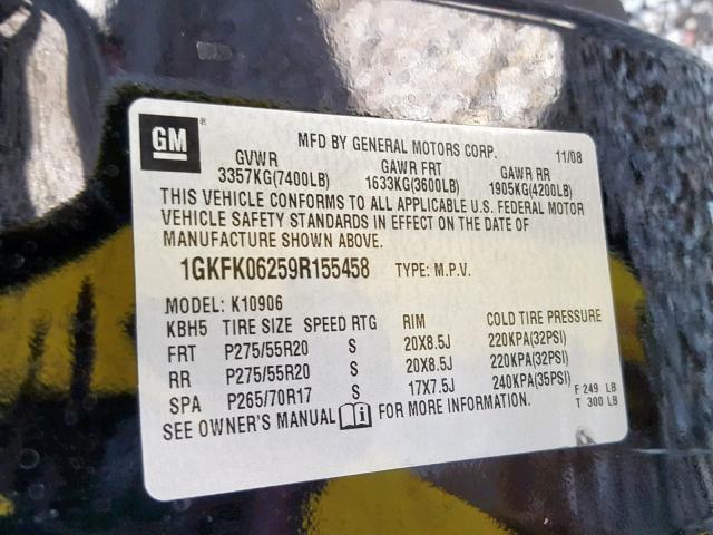 1GKFK06259R155458 - 2009 GMC YUKON XL D BLACK photo 10