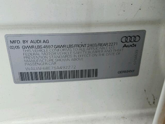 WAUAF68E75A492272 - 2005 AUDI A4 2.0T WHITE photo 10