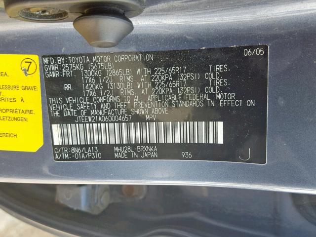 JTEEW21A060004657 - 2006 TOYOTA HIGHLANDER BLUE photo 10