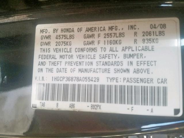 1HGCP36878A055429 - 2008 HONDA ACCORD EXL BLACK photo 10