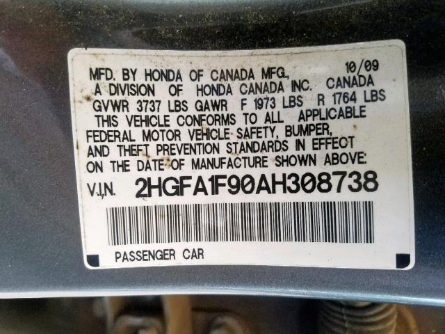 2HGFA1F90AH308738 - 2010 HONDA CIVIC EXL 灰色 照片 10