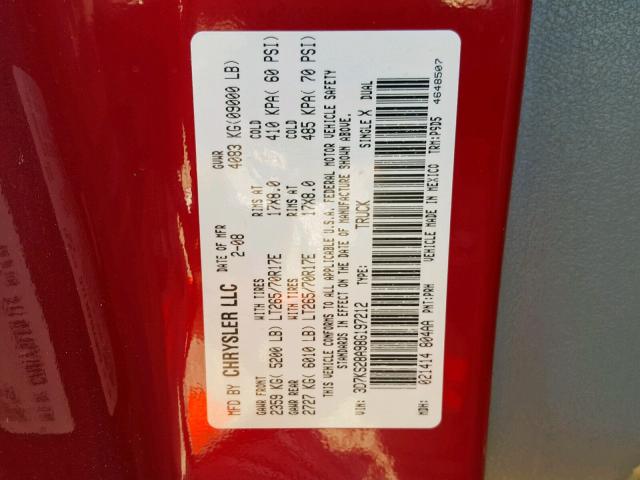 3D7KS28A98G197212 - 2008 DODGE RAM 2500 S 红色 照片 10