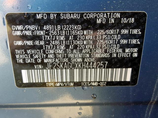 JF2SKAGCXKH444257 - 2019 SUBARU FORESTER P BLUE photo 10