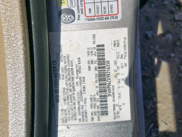 3FAHP06ZX9R216350 - 2009 FORD FUSION S GRAY photo 10