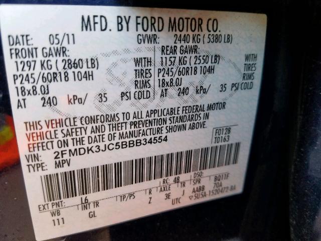 2FMDK3JC5BBB34554 - 2011 FORD EDGE SEL BLUE photo 10