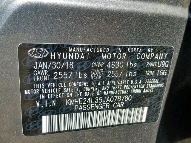 KMHE24L35JA078780 - 2018 HYUNDAI SONATA HYB GRAY photo 10