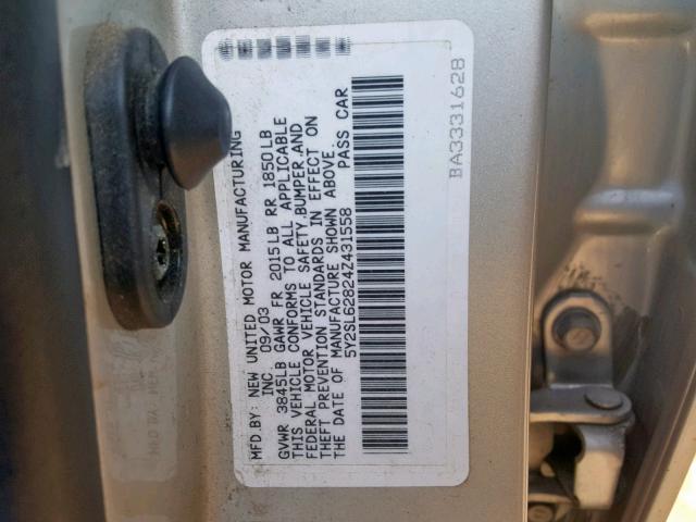 5Y2SL62824Z431558 - 2004 PONTIAC VIBE SILVER photo 10