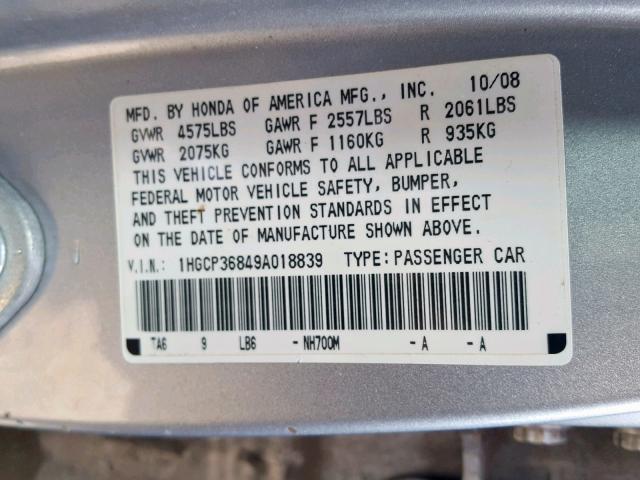 1HGCP36849A018839 - 2009 HONDA ACCORD EXL SILVER photo 10