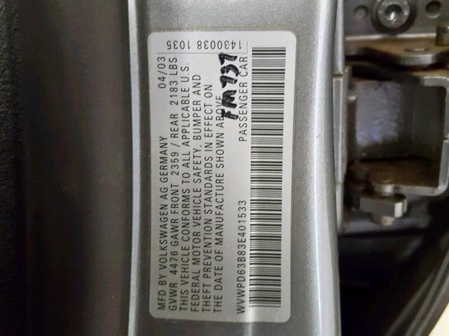 WVWPD63B83E401533 - 2003 VOLKSWAGEN PASSAT GLS GRAY photo 10