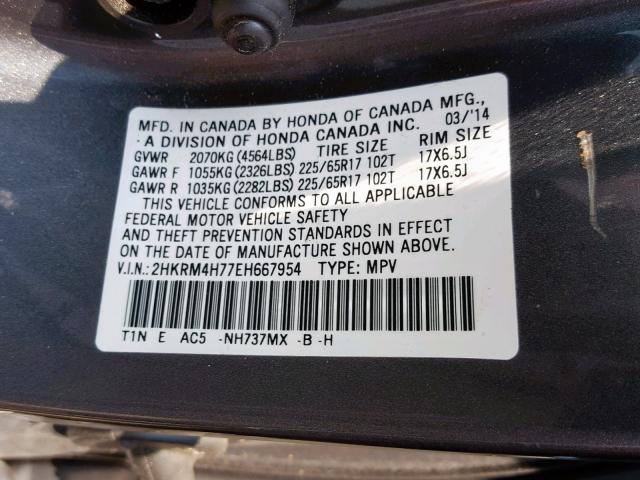 2HKRM4H77EH667954 - 2014 HONDA CR-V EXL GRAY photo 10