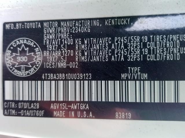 4T3BA3BB1DU039123 - 2013 TOYOTA VENZA LE WHITE photo 9