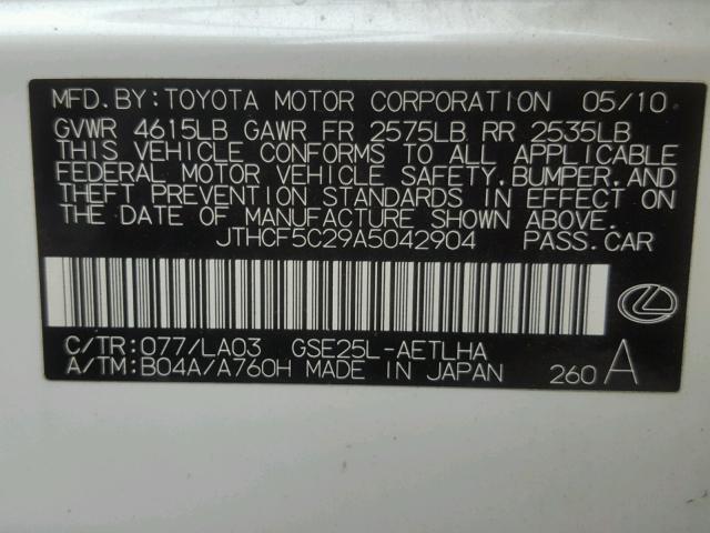 JTHCF5C29A5042904 - 2010 LEXUS IS 250 WHITE photo 10