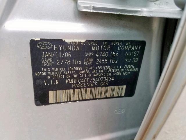 KMHFC46F76A073434 - 2006 HYUNDAI AZERA SE SILVER photo 10