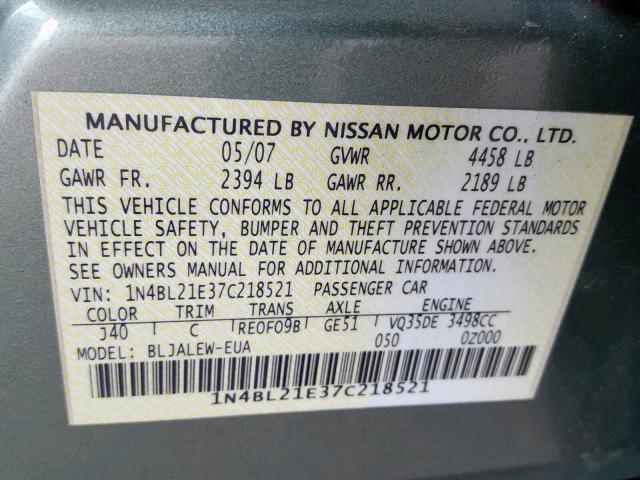 1N4BL21E37C218521 - 2007 NISSAN ALTIMA 3.5 GREEN photo 10