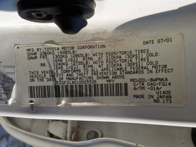 JTEGF21A010025526 - 2001 TOYOTA HIGHLANDER WHITE photo 10