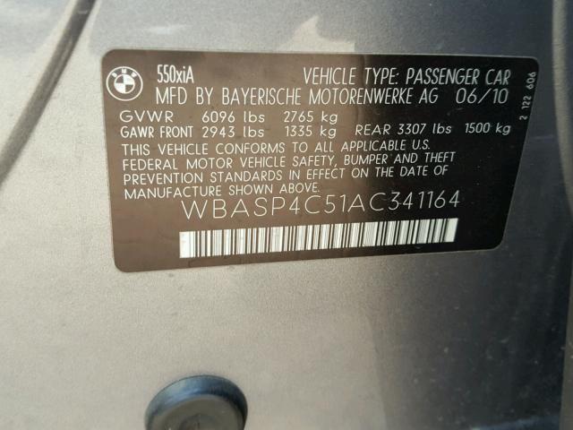 WBASP4C51AC341164 - 2010 BMW 550 XIGT SILVER photo 10