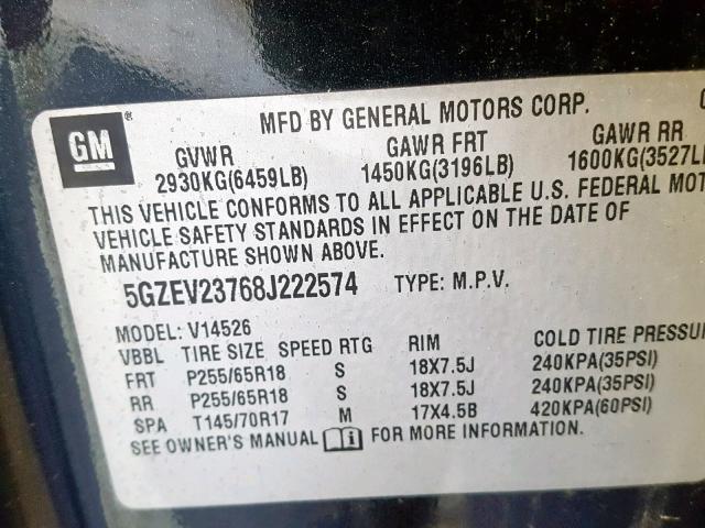 5GZEV23768J222574 - 2008 SATURN OUTLOOK XR შავი ფოტო 10