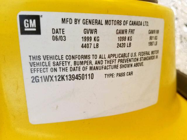 2G1WX12K139450110 - 2003 CHEVROLET MONTE CARL 黄色 照片 10