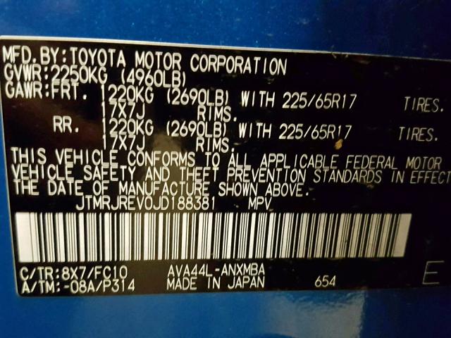 JTMRJREV0JD188381 - 2018 TOYOTA RAV4 HV LE BLUE photo 10