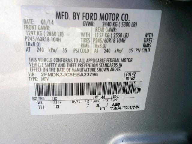 2FMDK3JC5EBA23796 - 2014 FORD EDGE SEL GRAY photo 10