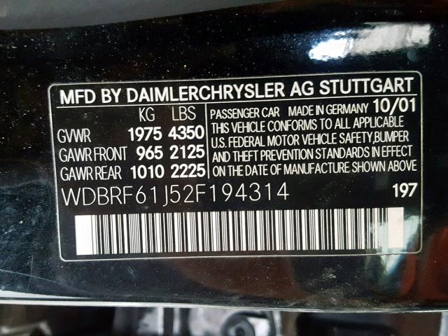 WDBRF61J52F194314 - 2002 MERCEDES-BENZ C 240 BLACK photo 10