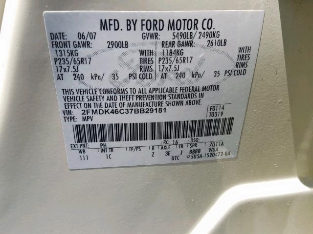 2FMDK46C37BB29181 - 2007 FORD EDGE SE CREAM photo 10