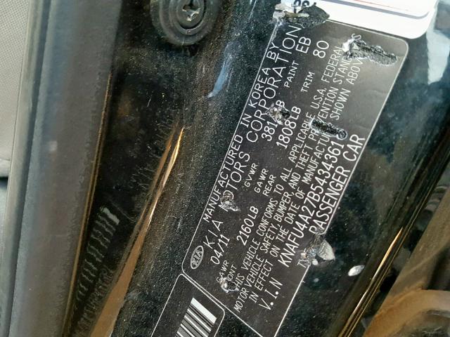 KNAFU4A27B5434361 - 2011 KIA FORTE EX BLACK photo 10