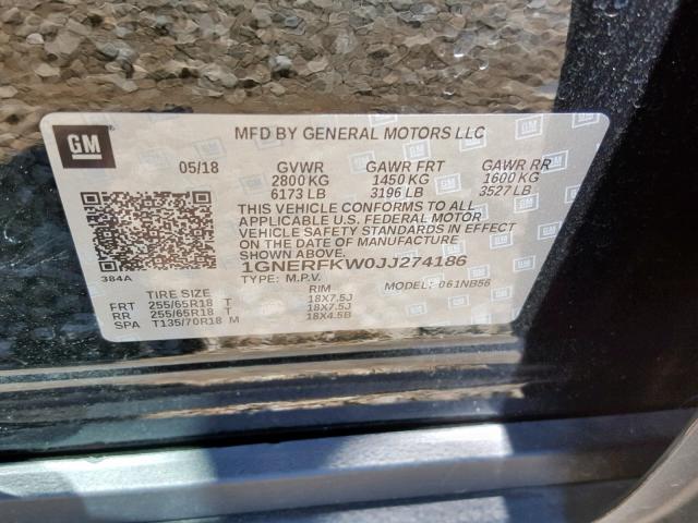 1GNERFKW0JJ274186 - 2018 CHEVROLET TRAVERSE L BLACK photo 10