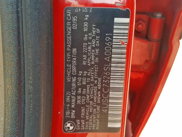 4USCC7326SLA00691 - 1995 BMW 318 I RED photo 10