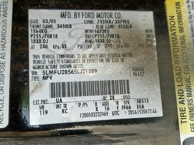 5LMFU28565LJ21589 - 2005 LINCOLN NAVIGATOR BLACK photo 10
